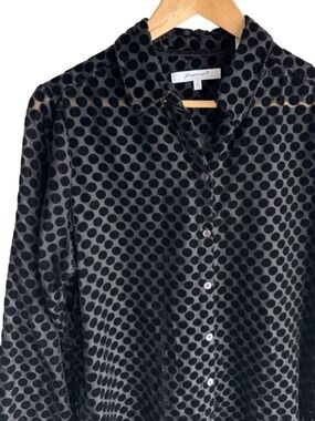 Foxcroft Velvet Burnout Polka Dot Blouse 12 Black Sheer Top Button Front Shirt